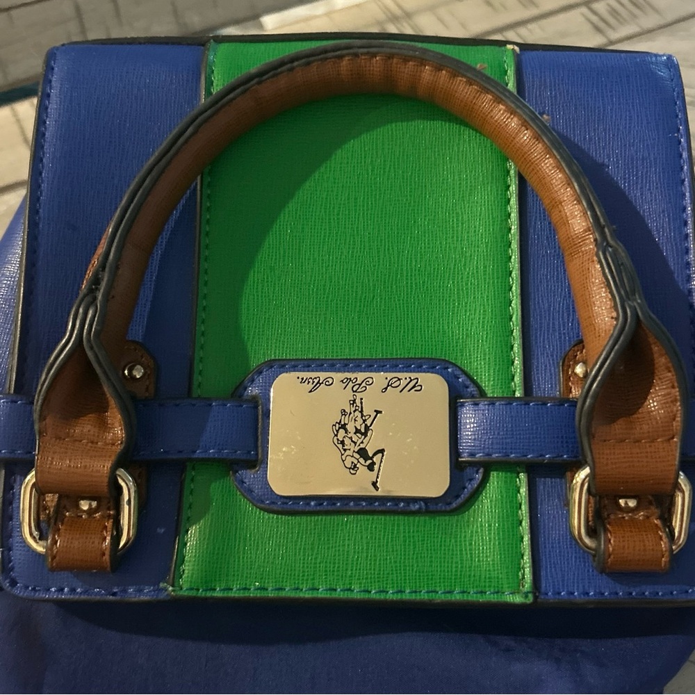 U.S. Polo Assn Satchel Handbag Blue w/Green Stripe Brown Handles Gold Hardware - Picture 6 of 14
